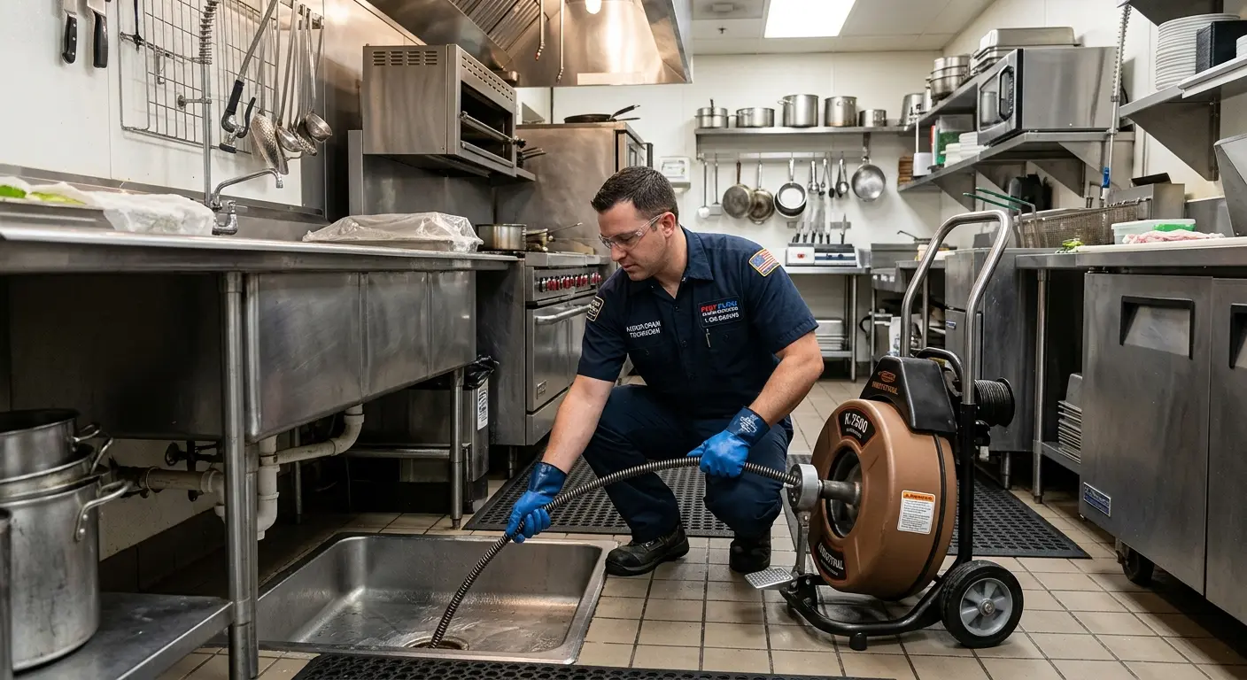 Commercial drain cleaning service in a restaurant kitchen in Central
