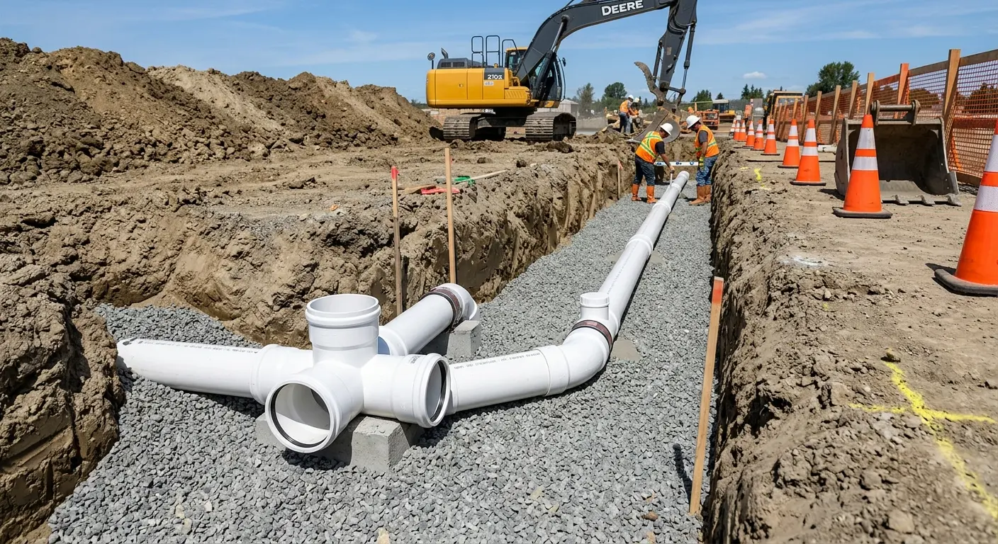 New PVC sewer pipe installation in open trench for Grease Trap Cleaning in Central
