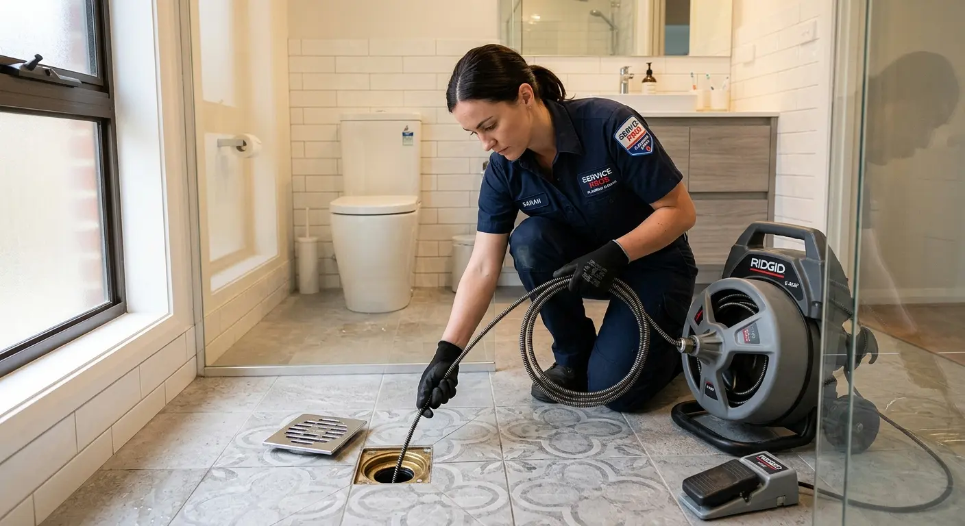 Technician clearing a bathroom floor drain for Sewer Line Installation in Central